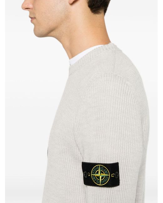 Stone Island White Melange Sand Ribbed Rws Wool Crewneck Sweater With A Logo Badge for men