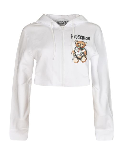 Moschino White Logo Bear Cropped Zip Hoodie
