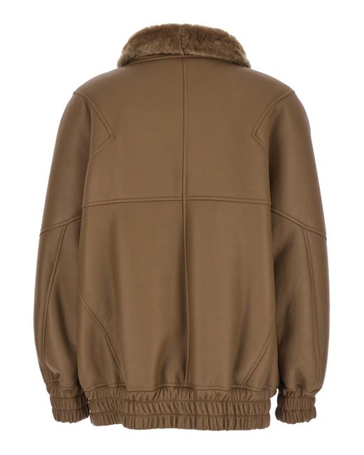 Blancha Brown Bomber Jacket With Fur Collar And Patch Pockets