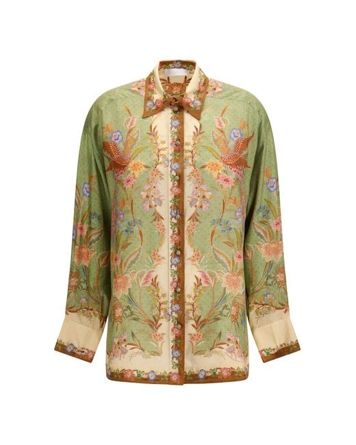 Zimmermann Green Shirt Indra Khaki Floral Silk Scarf