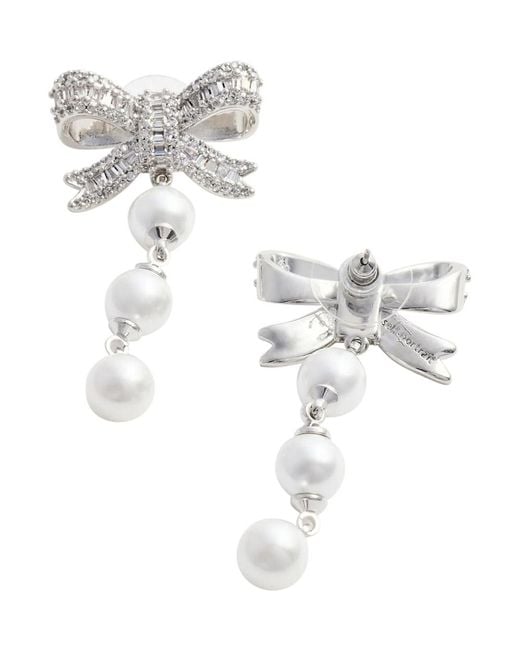 Self-Portrait White Drop Earrings With Bow And Pearls, Metal