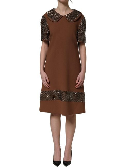 Dolce & Gabbana Brown Wool Rhinestone Embellished Midi Dress