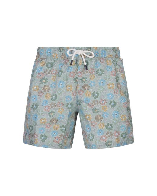 Fedeli Blue Swim Shorts With Multicoloured Flower Pattern for men
