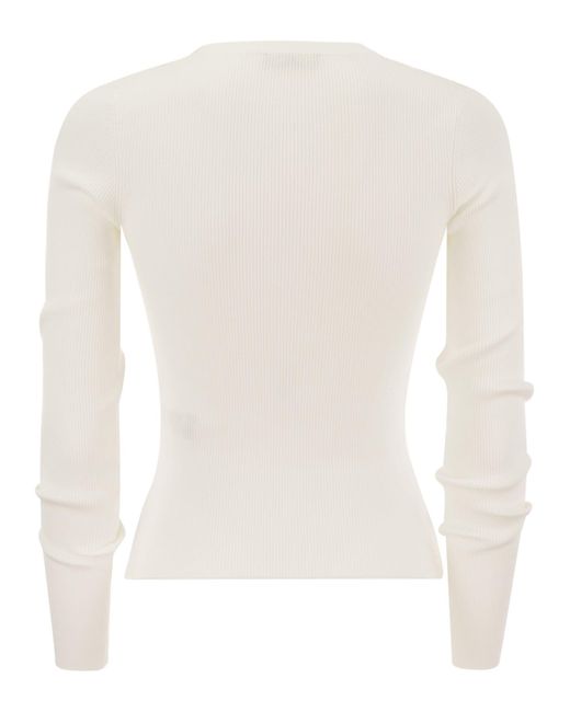 Elisabetta Franchi White Long-Sleeved Ribbed Viscose Top With Necklace