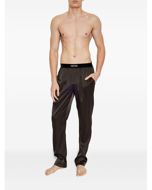 Tom Ford Gray Icon Chocolate Polka Dot Silk Trousers With Stretch Velvet Waistband And Logo On The Front for men