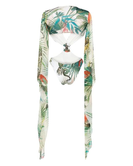 Roberto Cavalli Green One-Piece Swimwear With Sleeves And Jungle Print