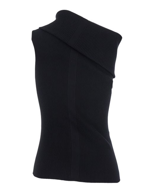 Rick Owens Black 'Athena' Ribbed Knit Asymmetric Top With Wide Neckline