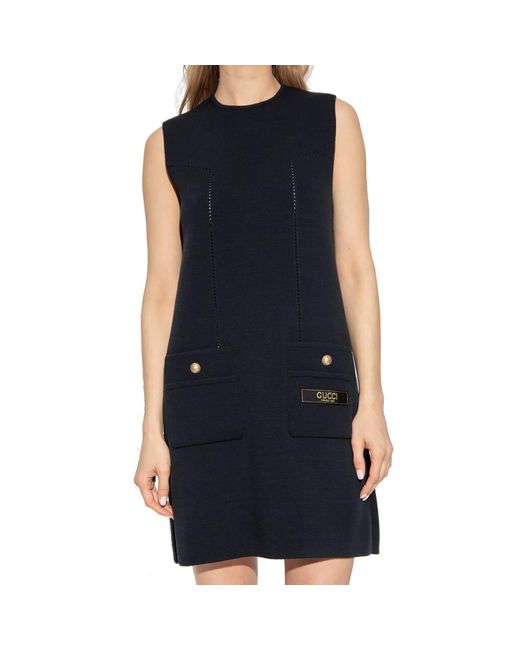 Gucci Black Embroidered Pointelle-knit Wool Mini Dress
