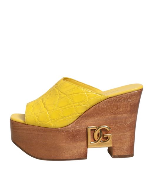 Dolce & Gabbana Yellow Leather Wood Mule Wedge Slides Shoes 100Iman