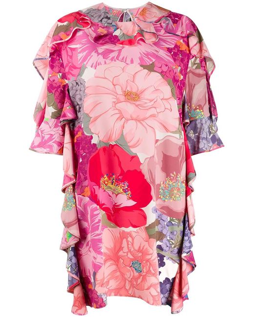 Valentino Pink Floral Print Ruffled Dress