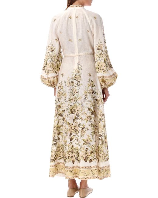 Zimmermann Natural Elegant Floral Linen Maxi Dress With Lantern Sleeves