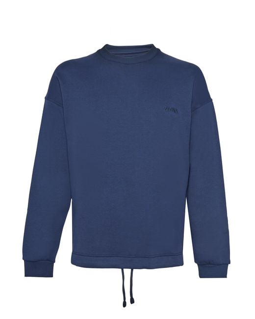 Zegna Blue Crewneck Technical Cotton Sweatshirt With Logo Embroidery for men