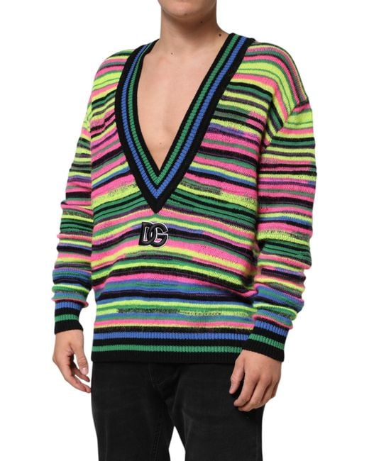 Dolce & Gabbana Red Striped Vneck Logo Sweater for men