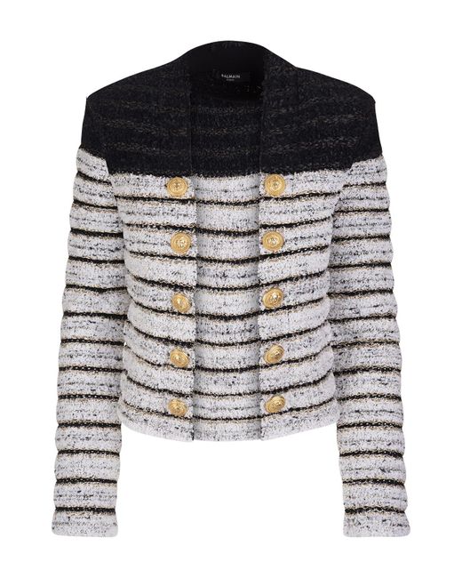Balmain Woman White And Black Spencer Jacket In Tweed With Golden Chain ...