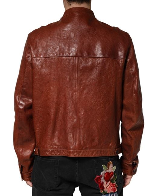 Dolce & Gabbana Brown Leather Button Down Biker Jacket Clothing for men
