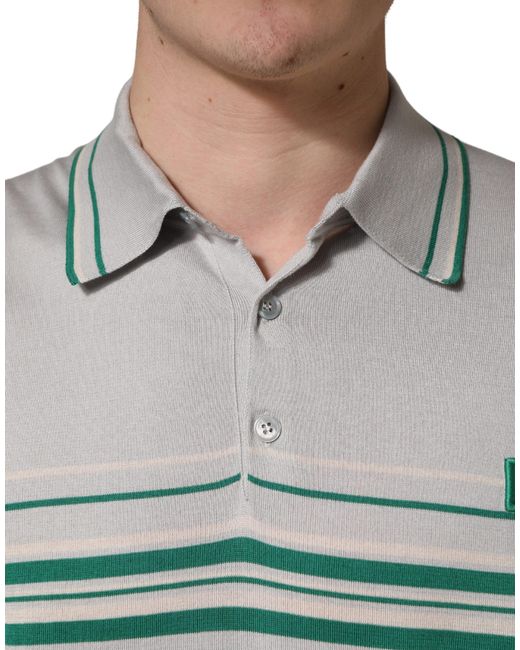 Dolce & Gabbana Gray Green Striped Logo Silk Polo T for men