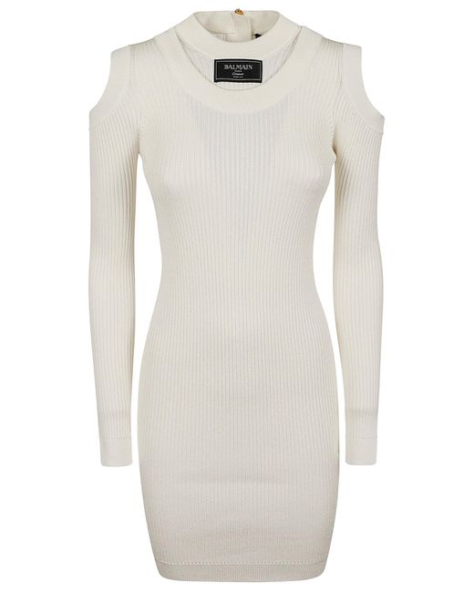 Balmain White Ls Db Col Shoulder Cut Knit Dress