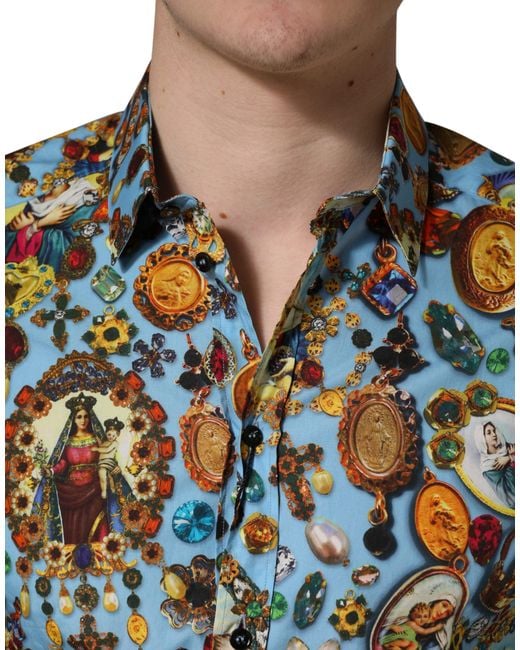Dolce & Gabbana Blue Cotton Jewel Print Button Down Gold Shirt for men