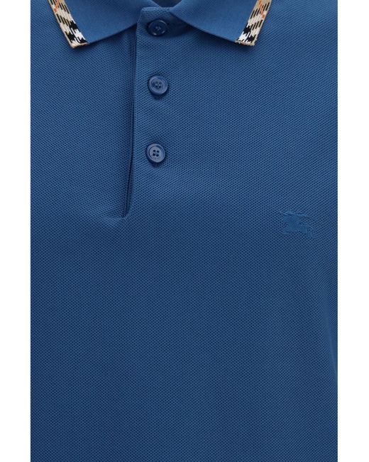 Burberry Blue Cotton Polo With Check Trims Shirts for men