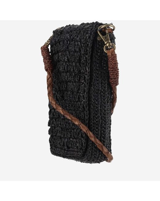 IBELIV Black Raffia Bag With Leather Details