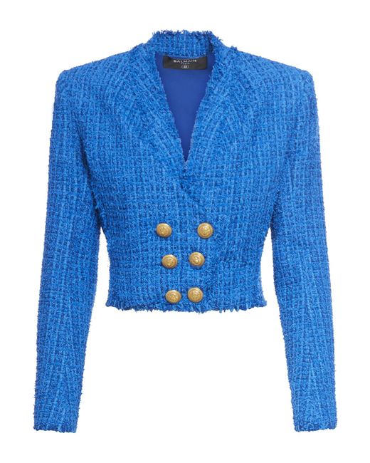 Balmain Blue Cropped Tweed Blazer