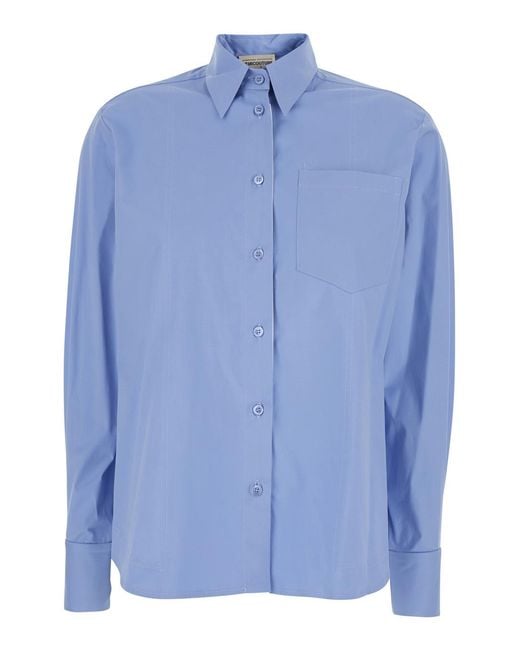 Semicouture Blue Stretch Cotton Classic Collar Shirt For Light Elastane And Blouses