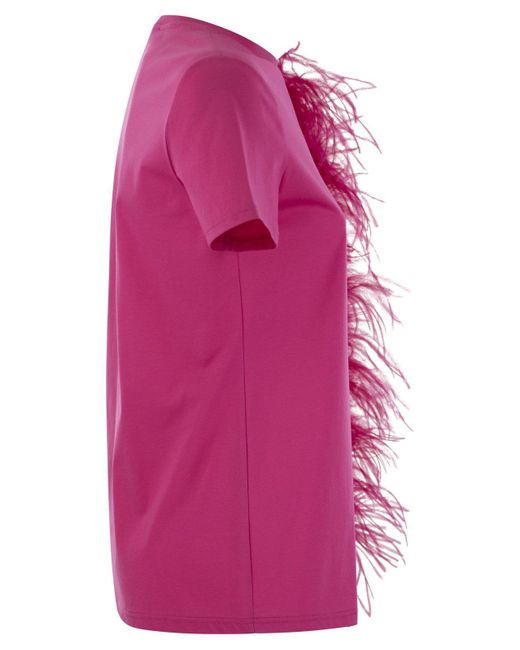 Max Mara Studio Pink Lappole Jersey T Shirt With Feathers