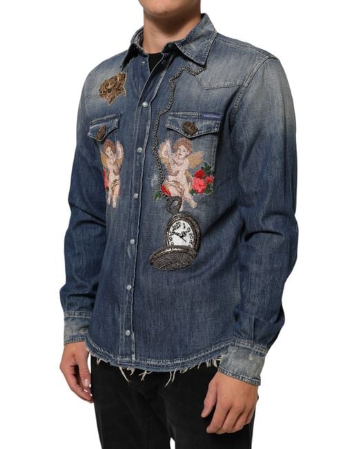 Dolce & Gabbana Blue Angel Patch Denim Buttoned Down Shirt for men