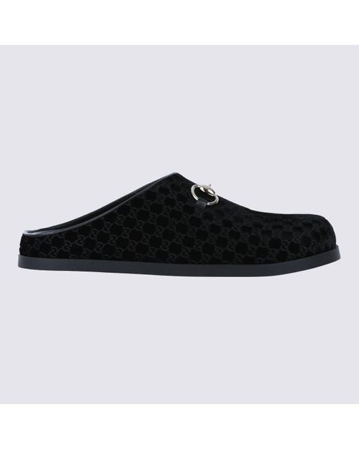 Gucci Black New Sol Horsebit-Detailed Leather-Trimmed Velvet Slippers