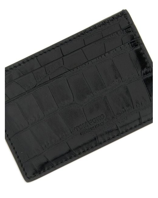 Tom Ford Black T Line Glossy Crocodile-Print Calf Leather Card Holder With Embossed Logo for men