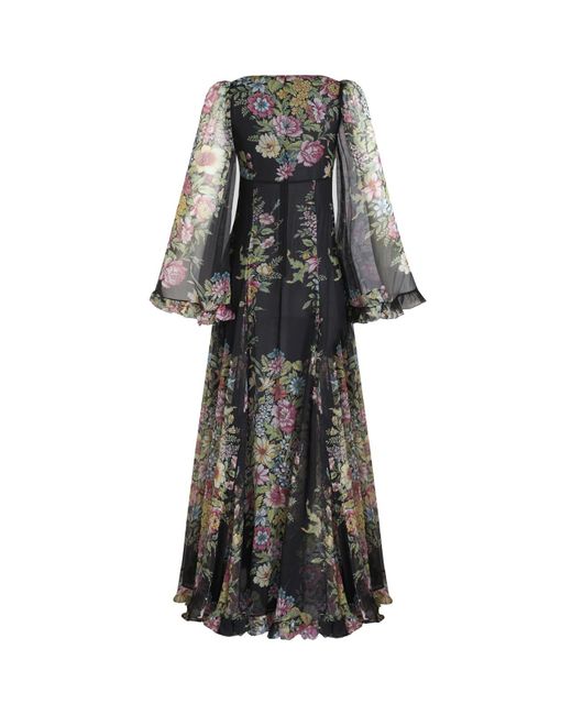 Etro Gray Silk Long Dress With Floral Motif