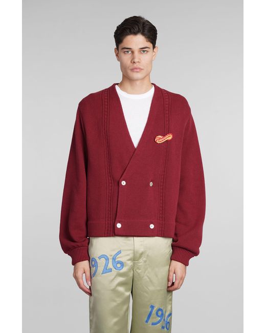 Bode Red Cardigan In Bordeaux Cotton for men