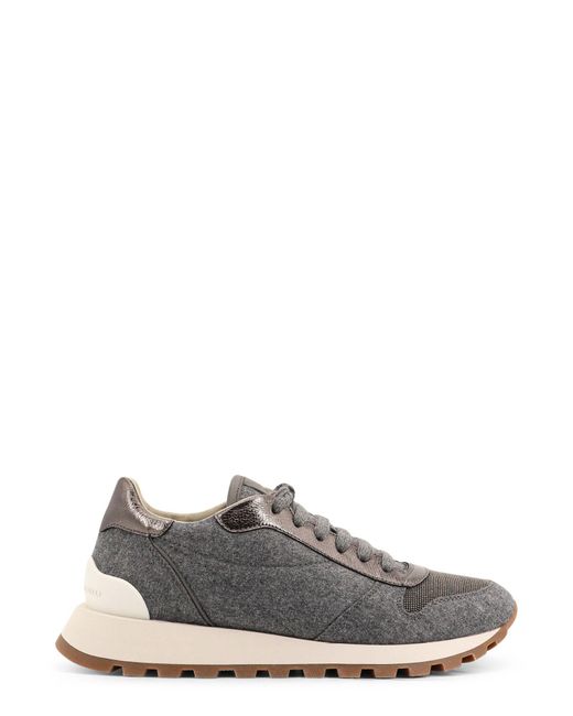 Brunello Cucinelli White Low-Top Wool Flannel Sneakers With Leather Profiles