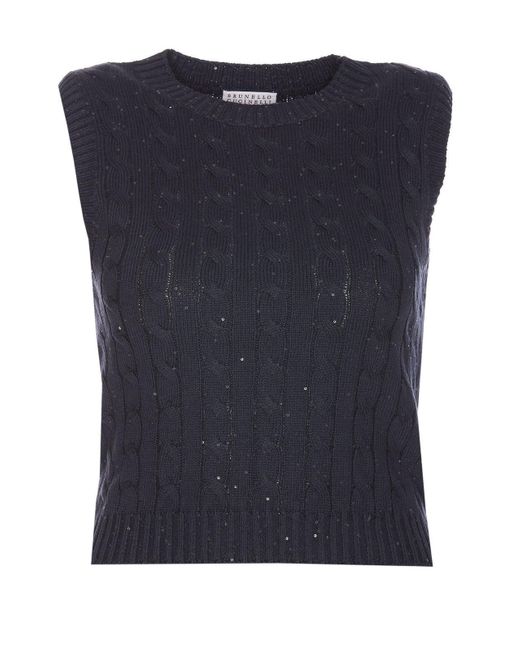 Brunello Cucinelli Blue Sequin Embellished Cable-knitted Top