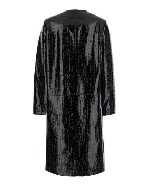 Totême Black Leather Coat With Crocodile Effect Lamb