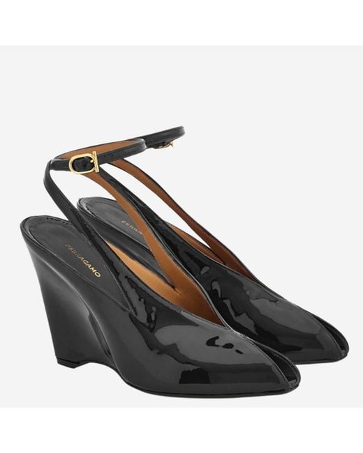 Ferragamo Black Leather Wedges