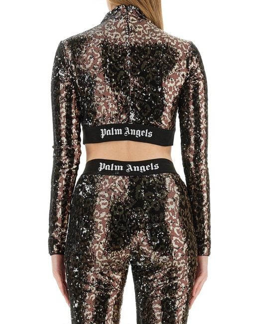 Palm Angels Black Sequined Top Polyester T-Shirts