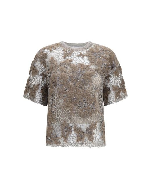 Brunello Cucinelli Gray Crew-Neck Top With Floral Embroidery And Sequins T-Shirts