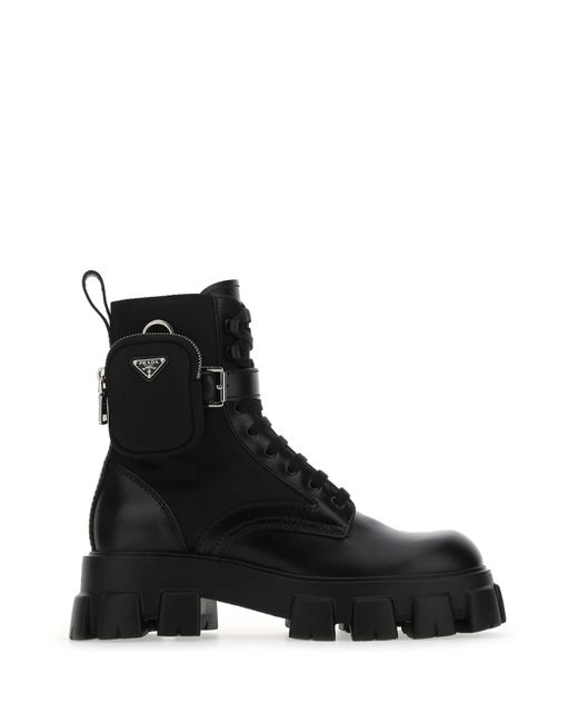 Prada Black Re-Nylon & Leather Zip Pocket Combat Boots for men