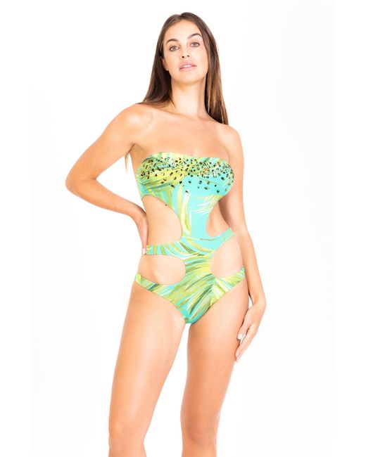 Miss bikini one piece swimming costume with spotted stones and openings on the hips in green 