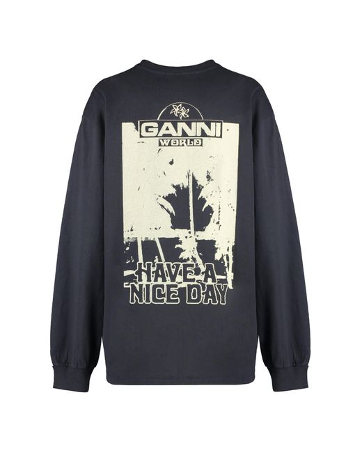 Ganni Blue Long Sleeve Cotton T-Shirt