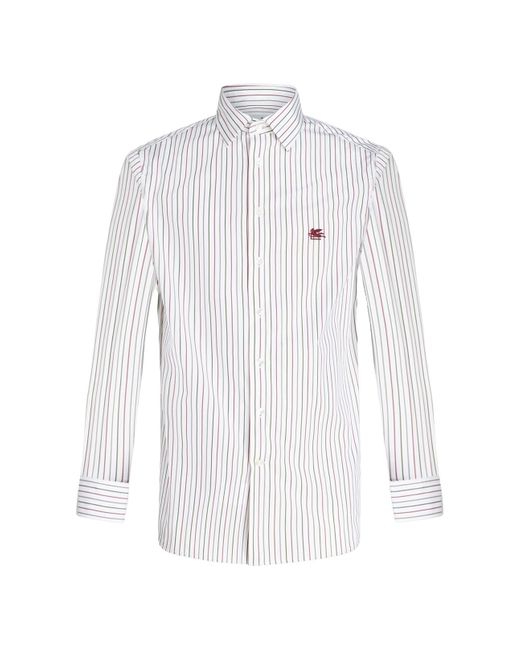 Etro White Multicolor Striped Cotton Shirt With Logo for men