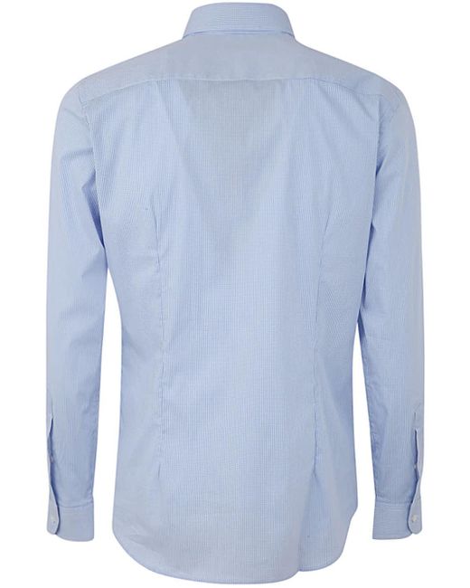 Fay Blue New Button Down Stretch Microchecked Shirt for men