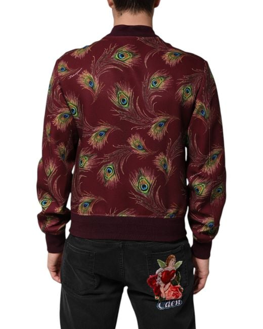 Dolce & Gabbana Red Peacock Feather Print Bomber Jacket Polyester Elastane Clothing for men