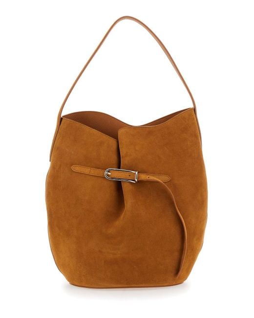 Liffner Brown Belted Bucket Shoulder Bag With Belt On The Front