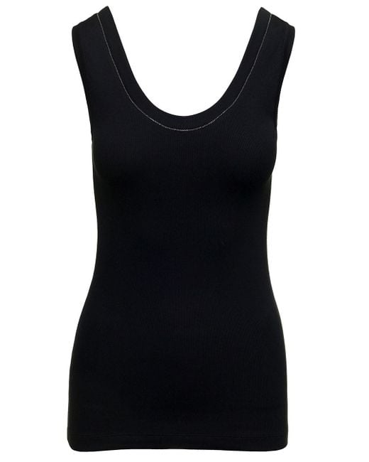 Brunello Cucinelli Black Ribbed Tank Top With Monile Detail In Stretch Cotton
