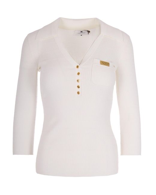 Elisabetta Franchi White Ribbed Knit Top Lypase Jumpers