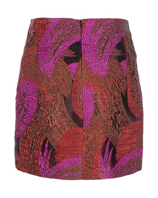 Le Plain Purple Fuchsia Mini Skirt With All-Over Broccato Motif And Concealed Rear Zip Closure