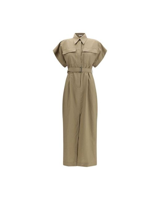 Brunello Cucinelli Green Beige Cotton Casual Dress