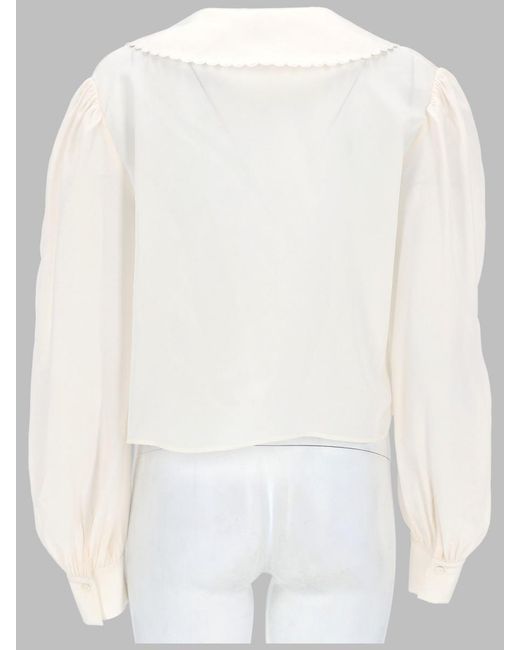 Chloé White Blouse Puff-Sleeve Crêpe De Chine Silk Shirt
